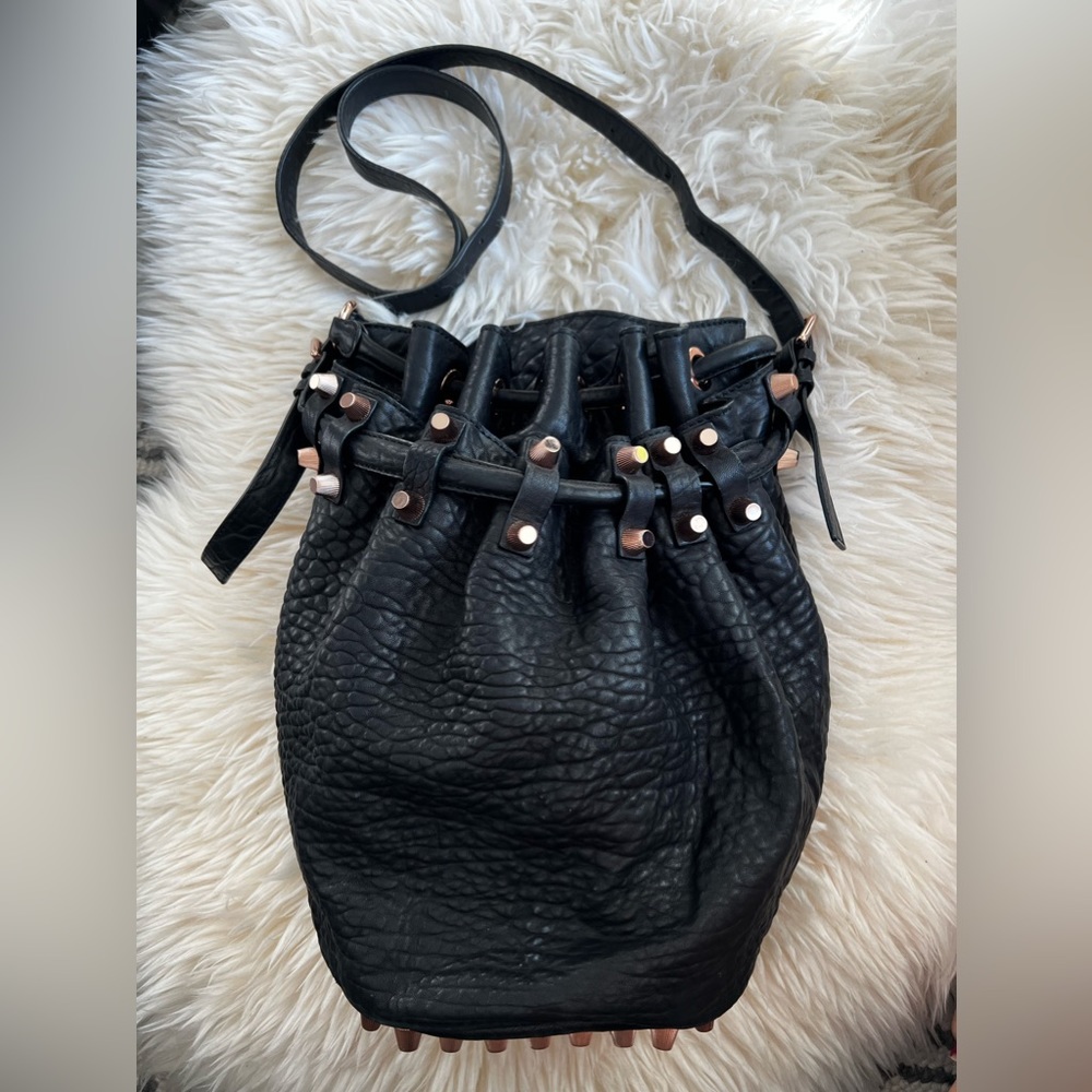 RARE!ALEXANDER WANG Pebbled Black Lambskin Leather Bag w Rose Gold Tone Hardware